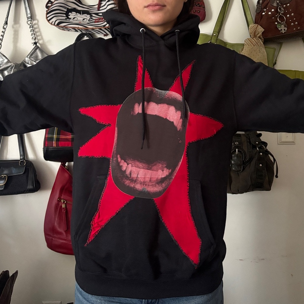 Black Hoodie with Red Star and Mouth Design